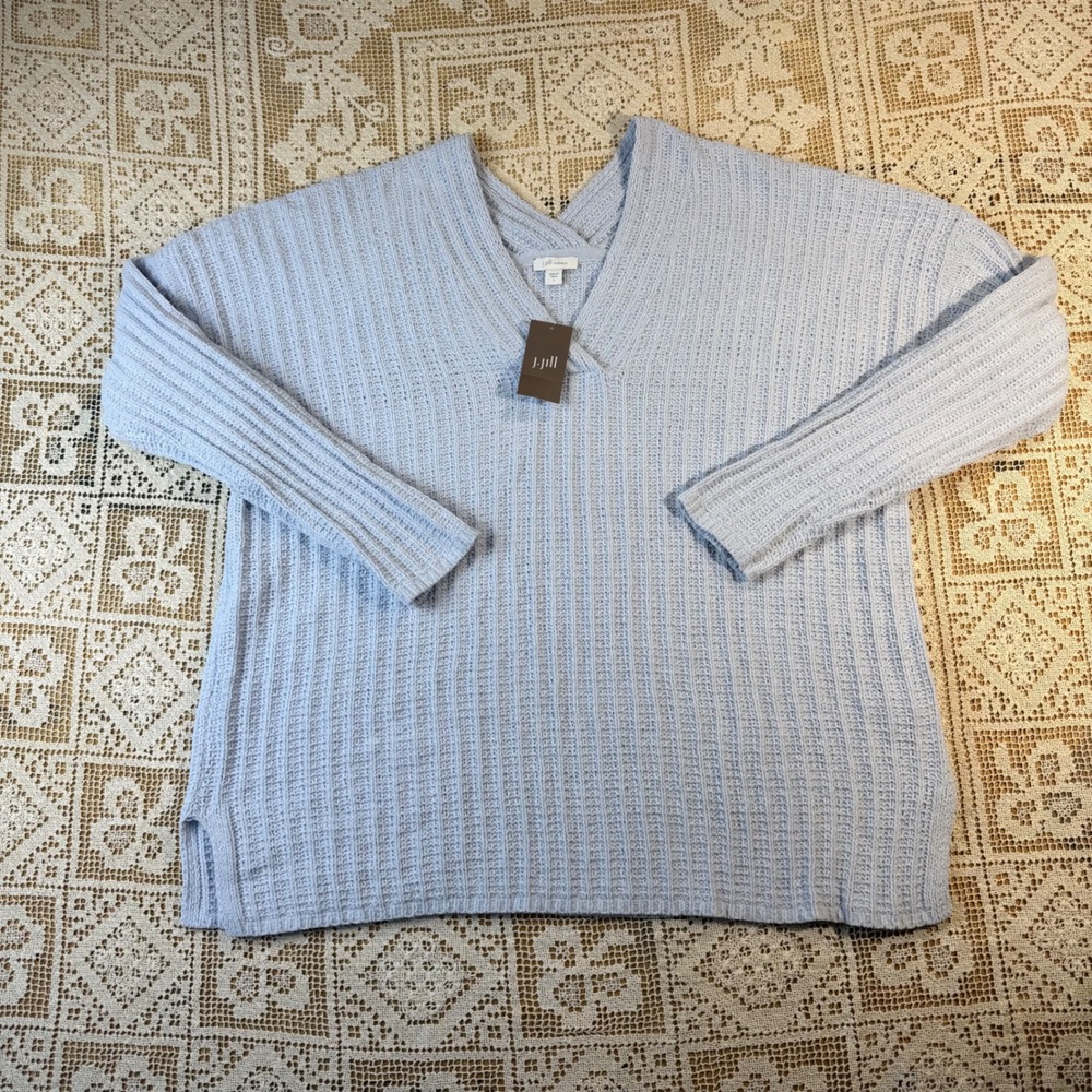 J. Jill Hydrangea Blue Chenille Ribbed Loose Fit V-Neck Sweater Large with Tags